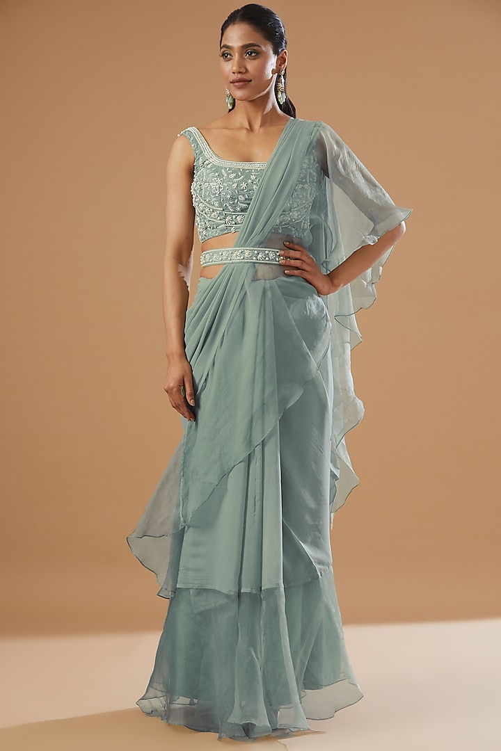 Fern Green Organza Ruffled Party Wear Saree Set by House Of Jamoti at Pernia's Pop Up Shop