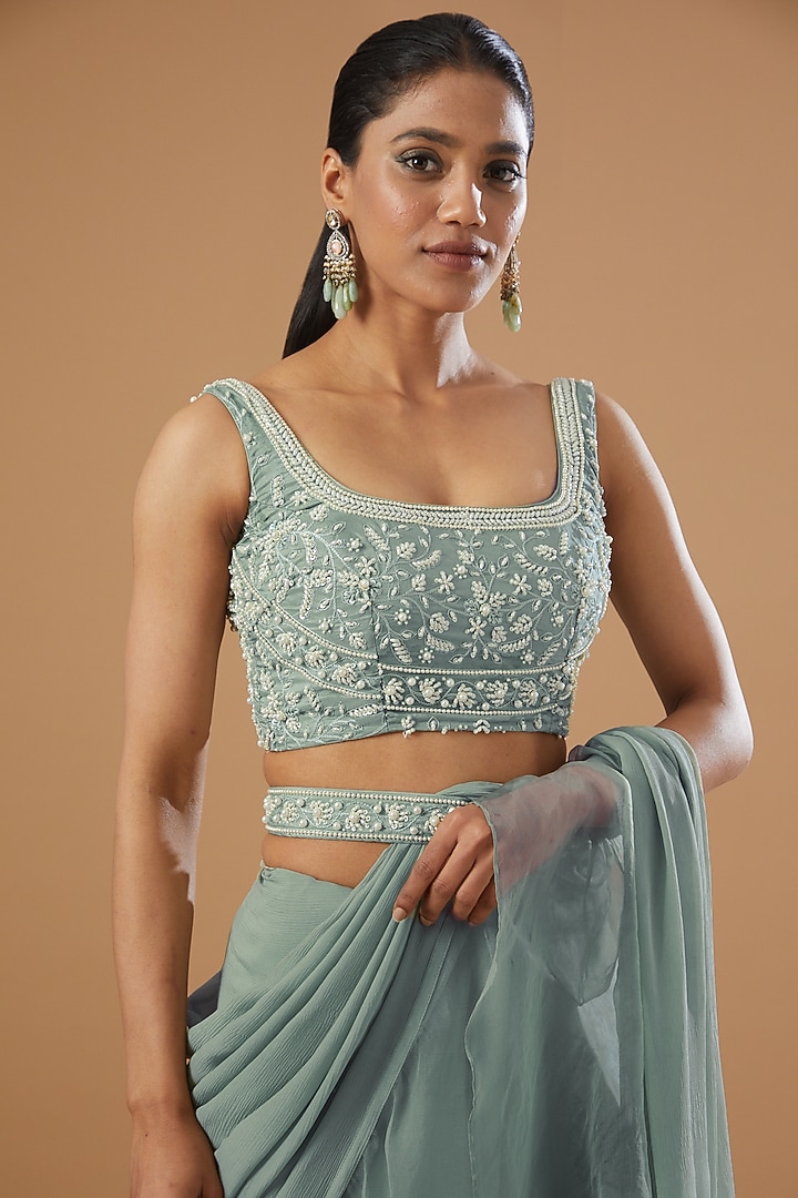 Fern Green Organza Ruffled Party Wear Saree Set by House Of Jamoti at Pernia's Pop Up Shop