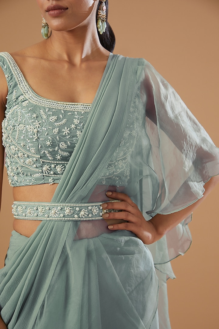 Fern Green Organza Ruffled Party Wear Saree Set by House Of Jamoti at Pernia's Pop Up Shop