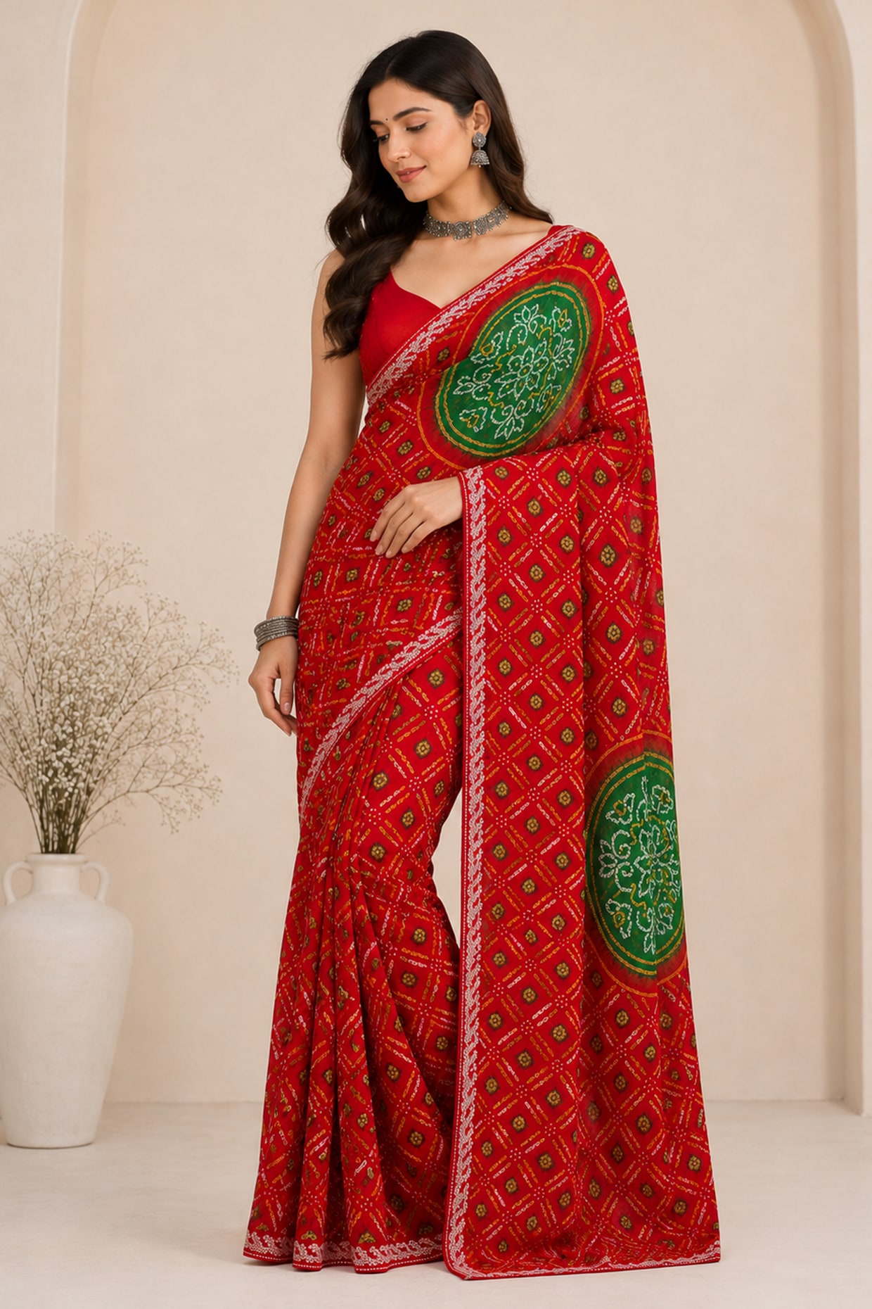 House Of Jamoti Red Pure Georgette Bandhani Printed Saree Set