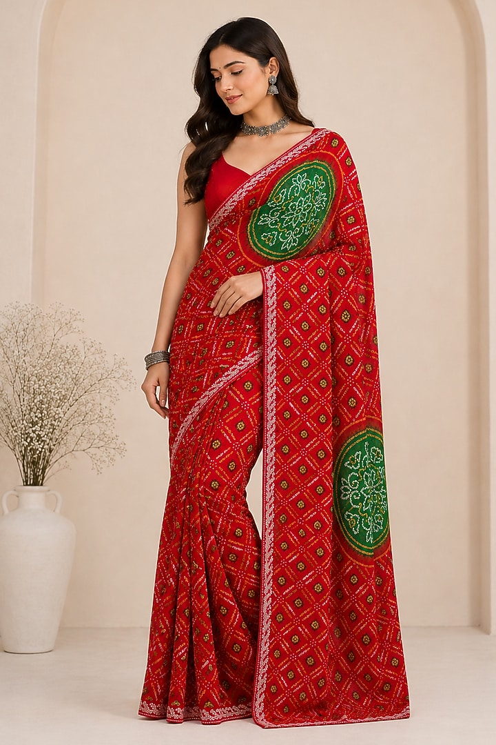 Red Pure Georgette Bandhani Printed Festive Saree Set by House Of Jamoti at Pernia's Pop Up Shop