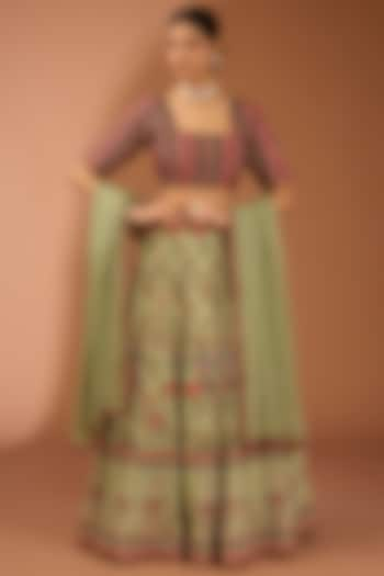 Green Pure Silk Bead Work Lehenga Set by House Of Jamoti at Pernia's Pop Up Shop