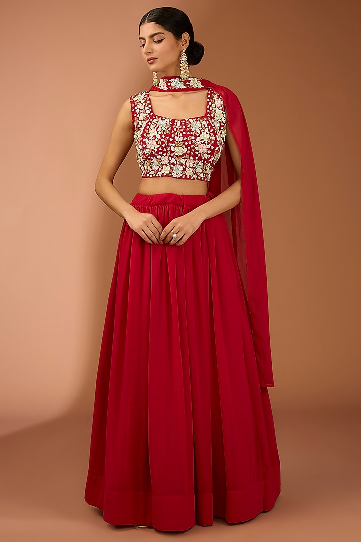 Red Georgette Handwork Lehenga Set by House Of Jamoti at Pernia's Pop Up Shop