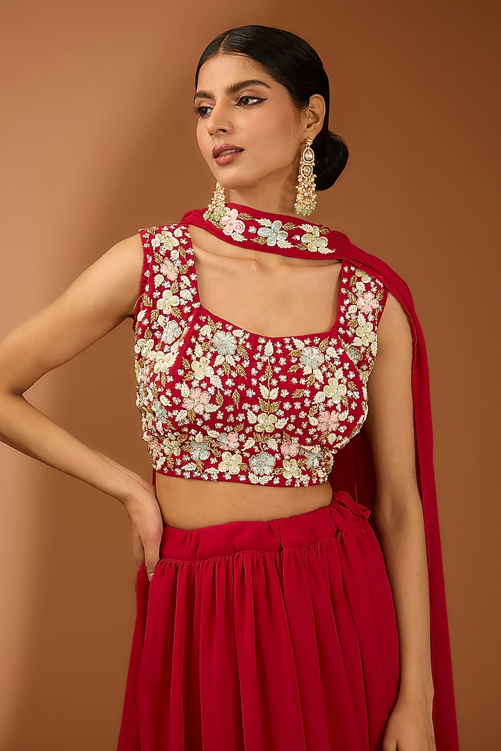 Red Georgette Handwork Lehenga Set by House Of Jamoti at Pernia's Pop Up Shop