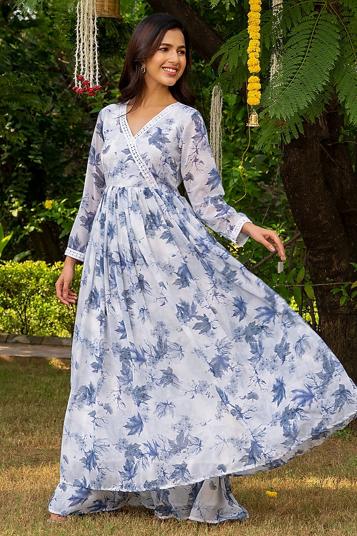 Frosty Blue Georgette Floral Printed Angrakha Kurta Set by House Of Jamoti