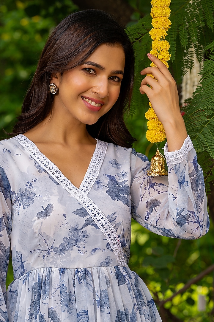 Frosty Blue Georgette Floral Printed Angrakha Kurta Set by House Of Jamoti at Pernia's Pop Up Shop