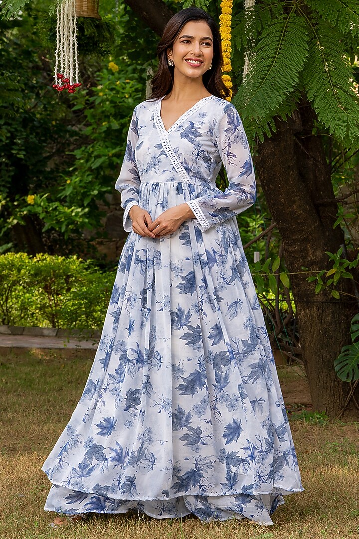 Frosty Blue Georgette Floral Printed Angrakha Kurta Set by House Of Jamoti at Pernia's Pop Up Shop
