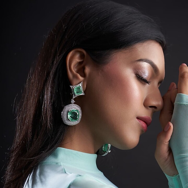 White Finish Zircon Handcrafted Earrings by Mozaati at Pernia's Pop Up Shop
