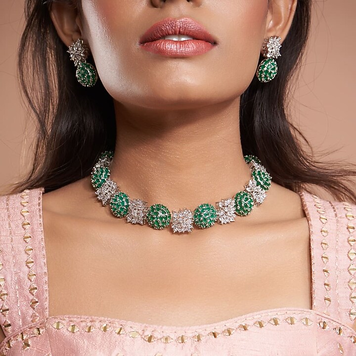 White Finish Zircon Handcrafted Necklace Set by Mozaati at Pernia's Pop Up Shop