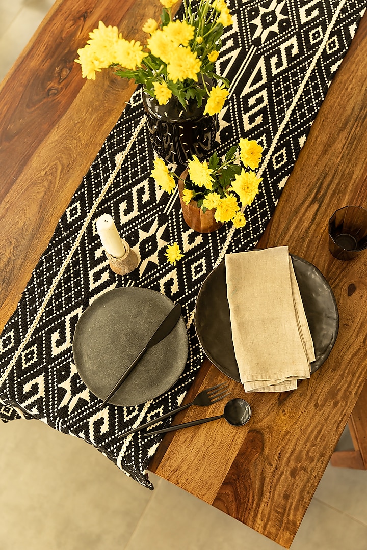 Black Cotton Handwoven Lace Table Runner by Merak Accessories