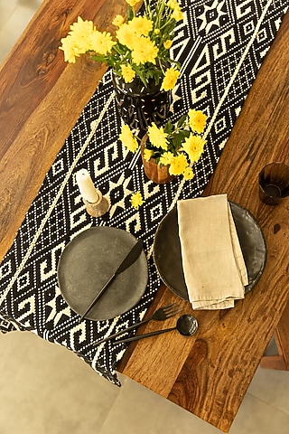 Black Cotton Handwoven Lace Table Runner by Merak Accessories