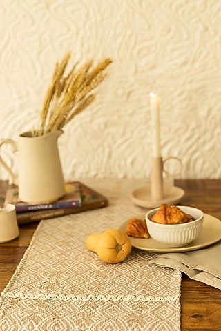Beige Cotton Handwoven Table Runner by Merak Accessories