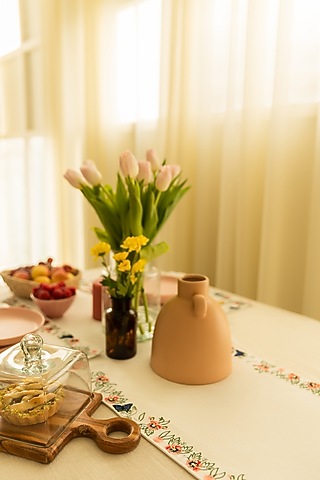 White Polyester Embroidered Table Runner by Merak Accessories