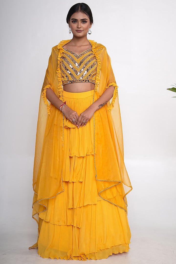 Yellow Chiffon Jacket Lehenga Set by Merge Design