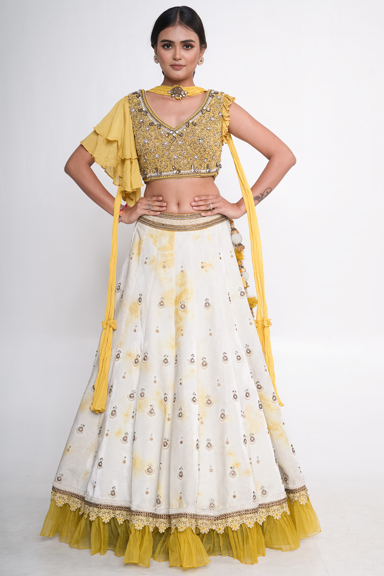 Off-White & Yellow Tie-Dye Printed Wedding Lehenga Set by Merge Design at Pernia's Pop Up Shop