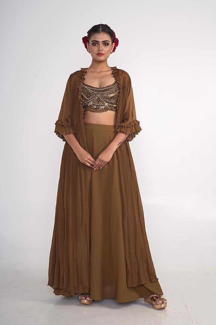 Chocolate Brown Chiffon & Georgette Co-Ord Set by Merge Design at Pernia's Pop Up Shop