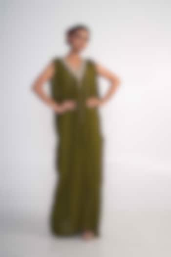 Olive Green Chiffon Embroidered Draped Gown by Merge Design at Pernia's Pop Up Shop