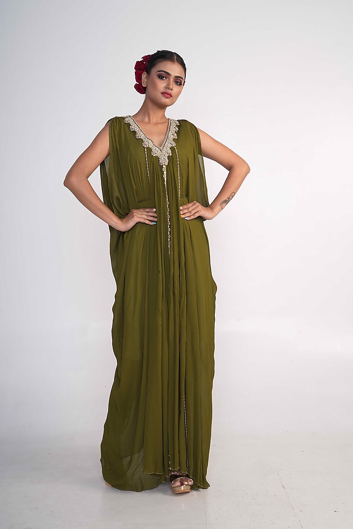 Olive Green Chiffon Embroidered Draped Gown by Merge Design at Pernia's Pop Up Shop