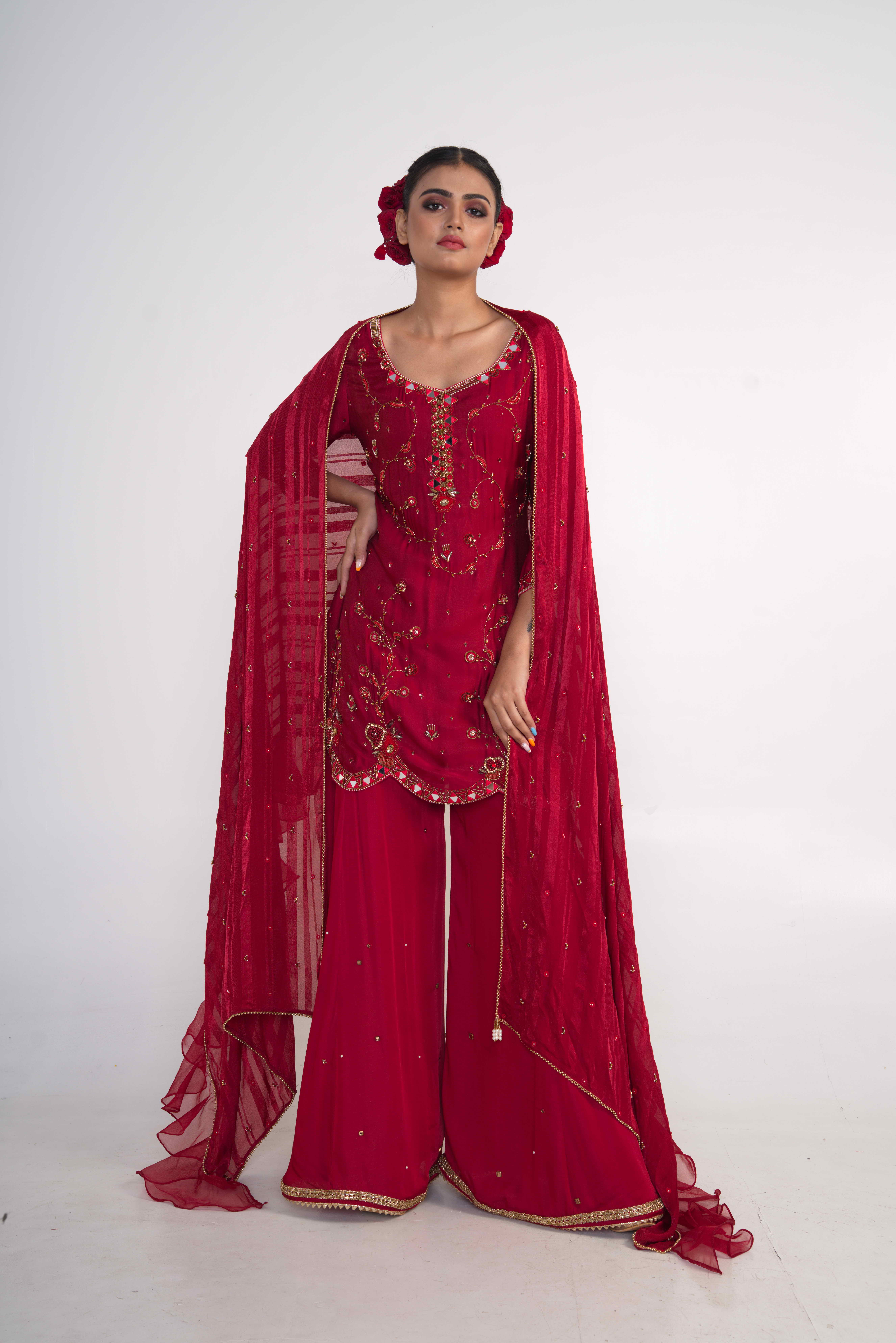 Maroon Modal Satin Embroidered Kurta Set by Merge Design at Pernia's Pop Up Shop