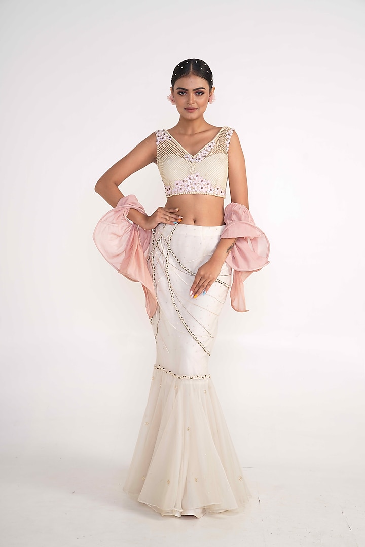 Ivory Net & Organza Pearl Embroidered Fish-Cut Wedding Lehenga Set by Merge Design at Pernia's Pop Up Shop