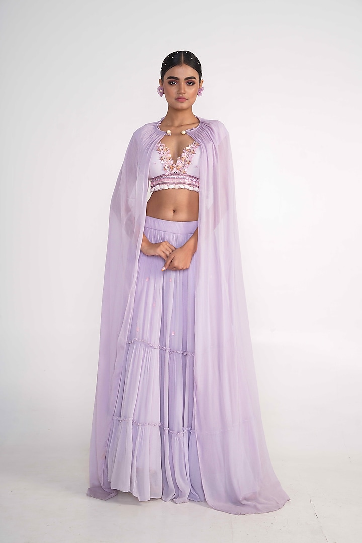 Lavender Chiffon Jacket Lehenga Set by Merge Design