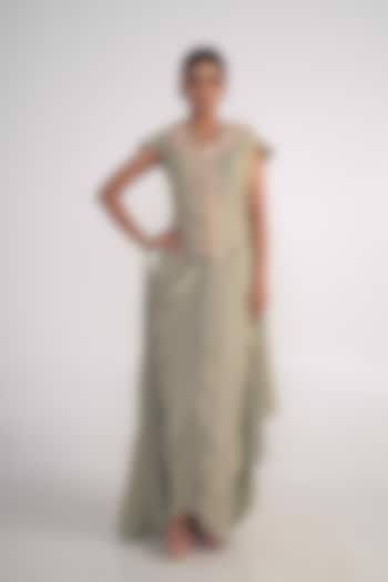 Moss Green Georgette & Modal Satin Embroidered Draped Jacket Set by Merge Design at Pernia's Pop Up Shop