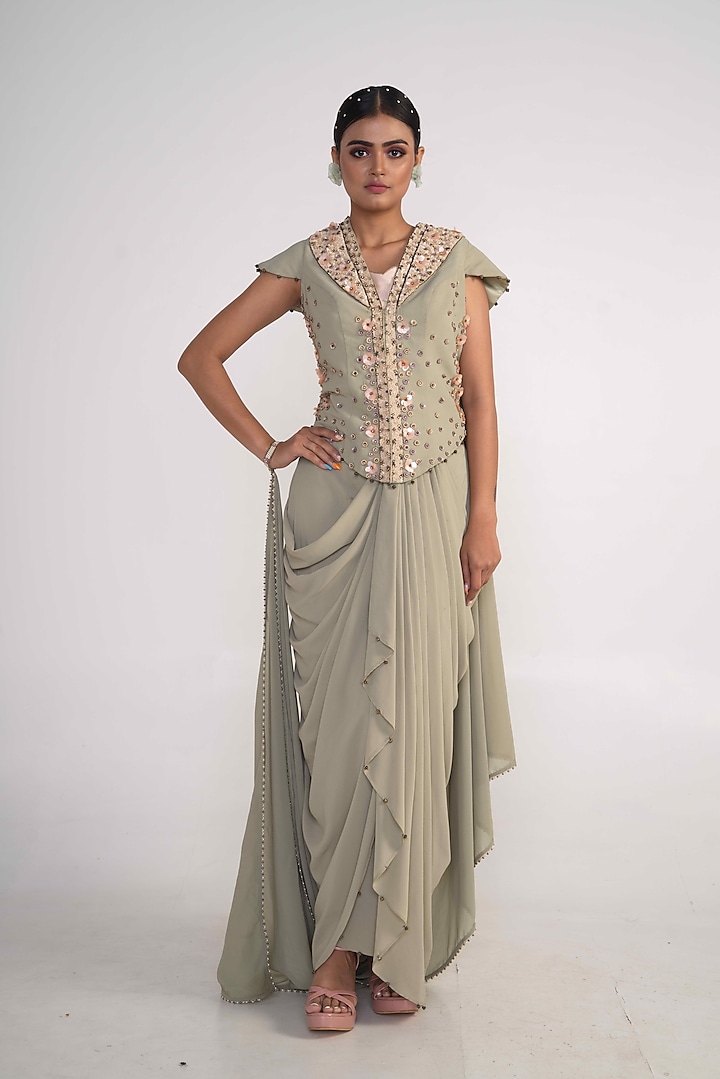 Moss Green Georgette & Modal Satin Embroidered Draped Jacket Set by Merge Design at Pernia's Pop Up Shop