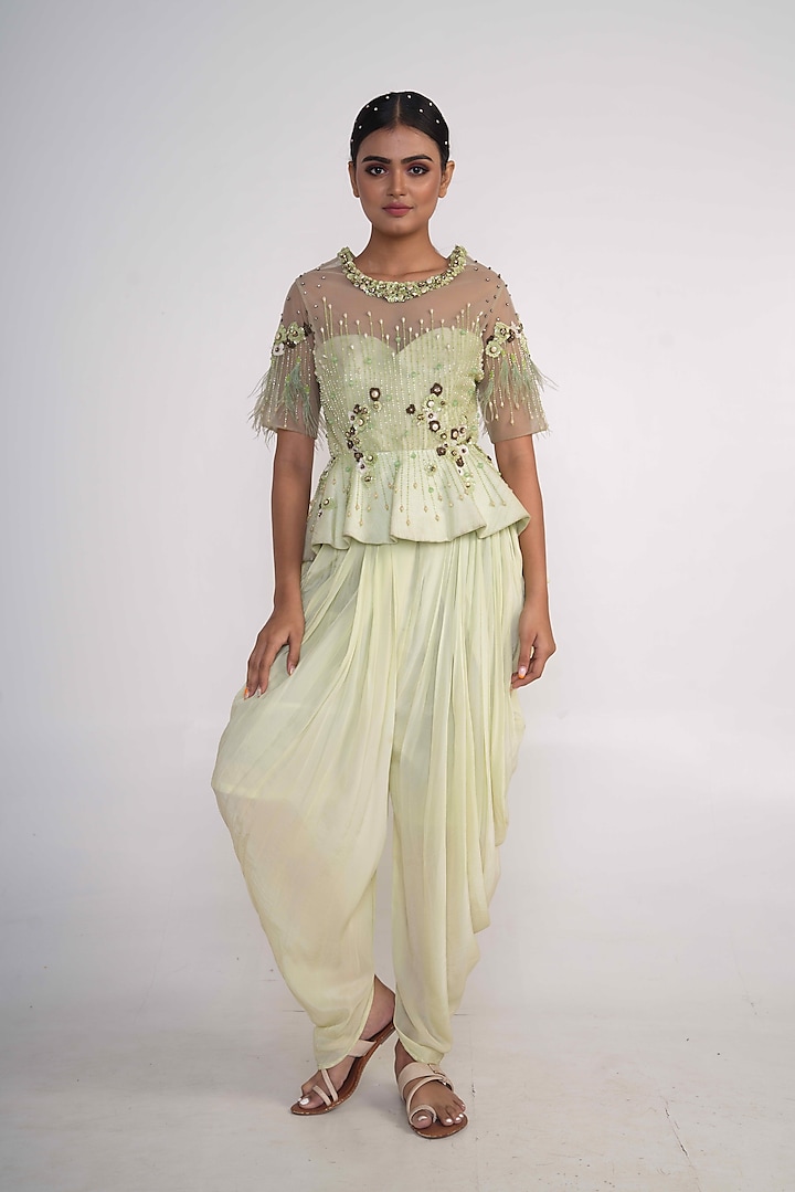 Lime Green Net & Modal Satin Embroidered Co-Ord Set by Merge Design
