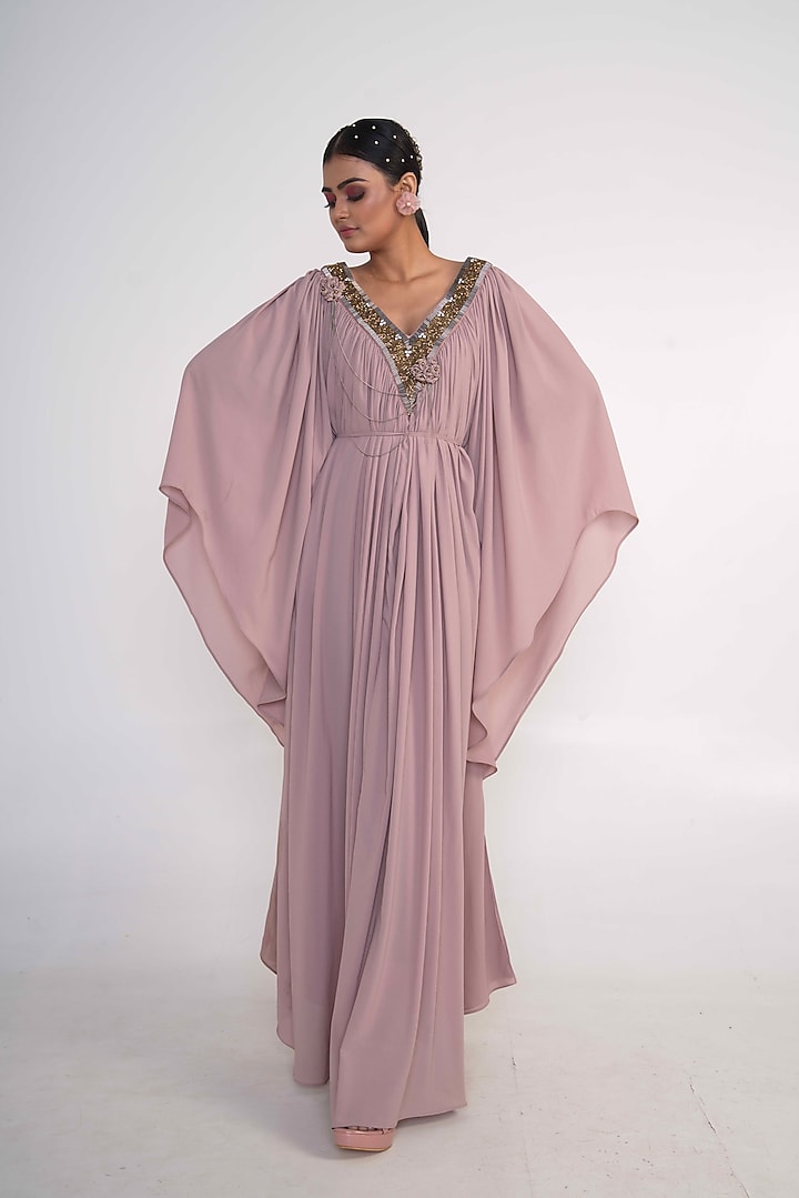 Oyster Georgette Embroidered Kaftan With Belt by Merge Design