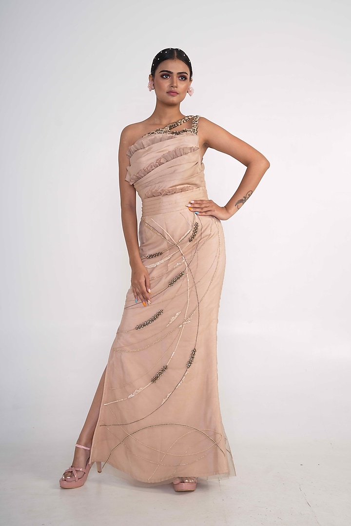 Champagne Satin One-Shoulder Embroidered Gown by Merge Design