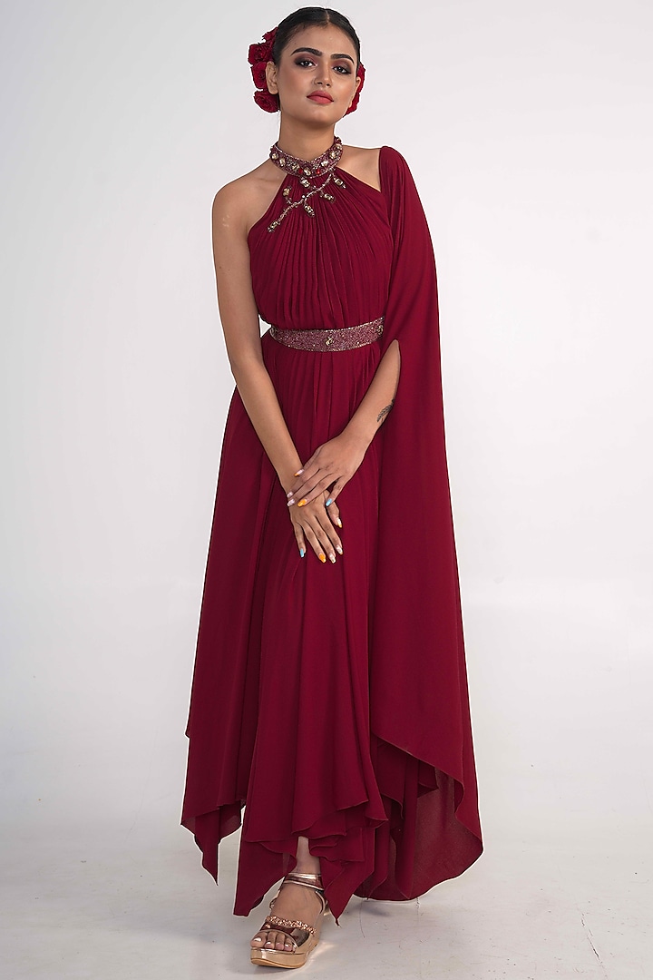 Maroon Georgette Embroidered One-Shoulder Gown by Merge Design