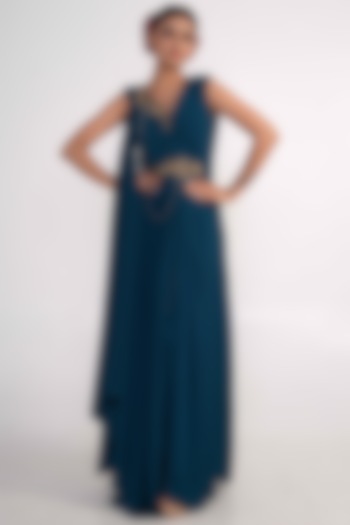 Teal Blue Georgette Antique Embroidered Draped Vacation Dress by Merge Design at Pernia's Pop Up Shop