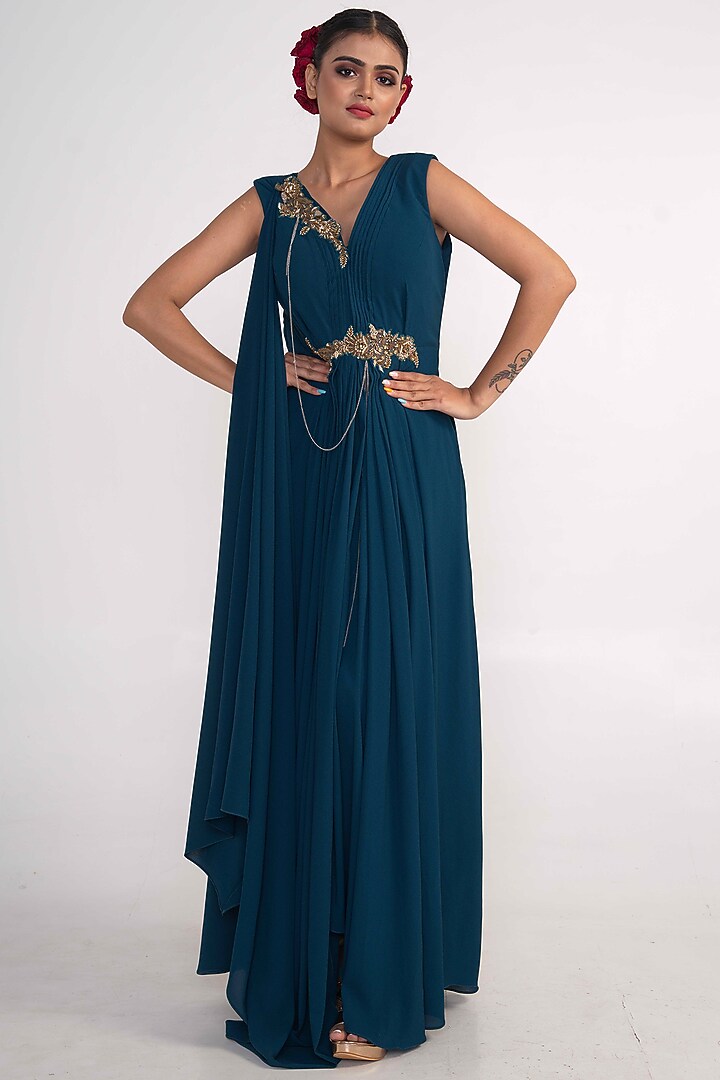 Teal Blue Georgette Antique Embroidered Draped Vacation Dress by Merge Design at Pernia's Pop Up Shop