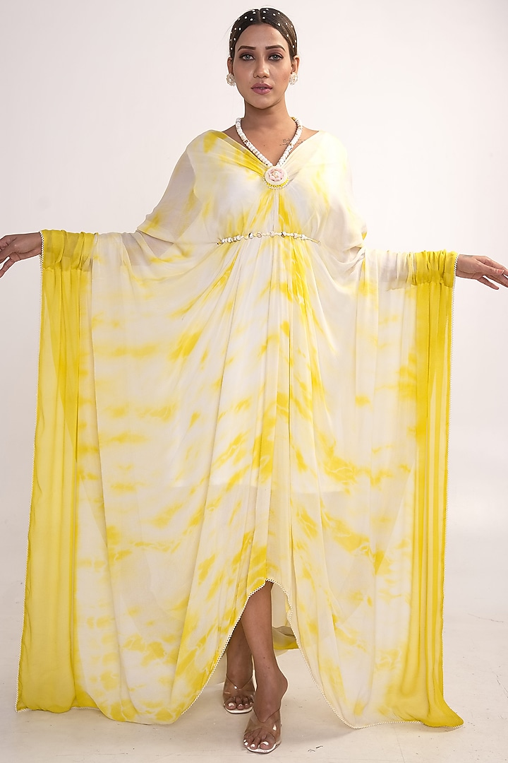 Yellow Chiffon Tie-Dye Printed Kaftan by Merge Design