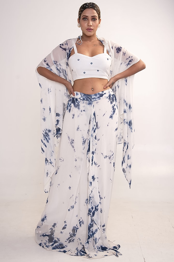White & Blue Georgette Tie-Dye Printed Co-Ord Set by Merge Design at Pernia's Pop Up Shop
