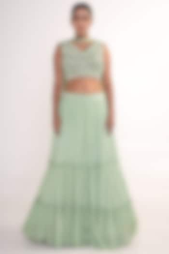 Lime Green Chiffon Tiered Wedding Lehenga Set by Merge Design at Pernia's Pop Up Shop