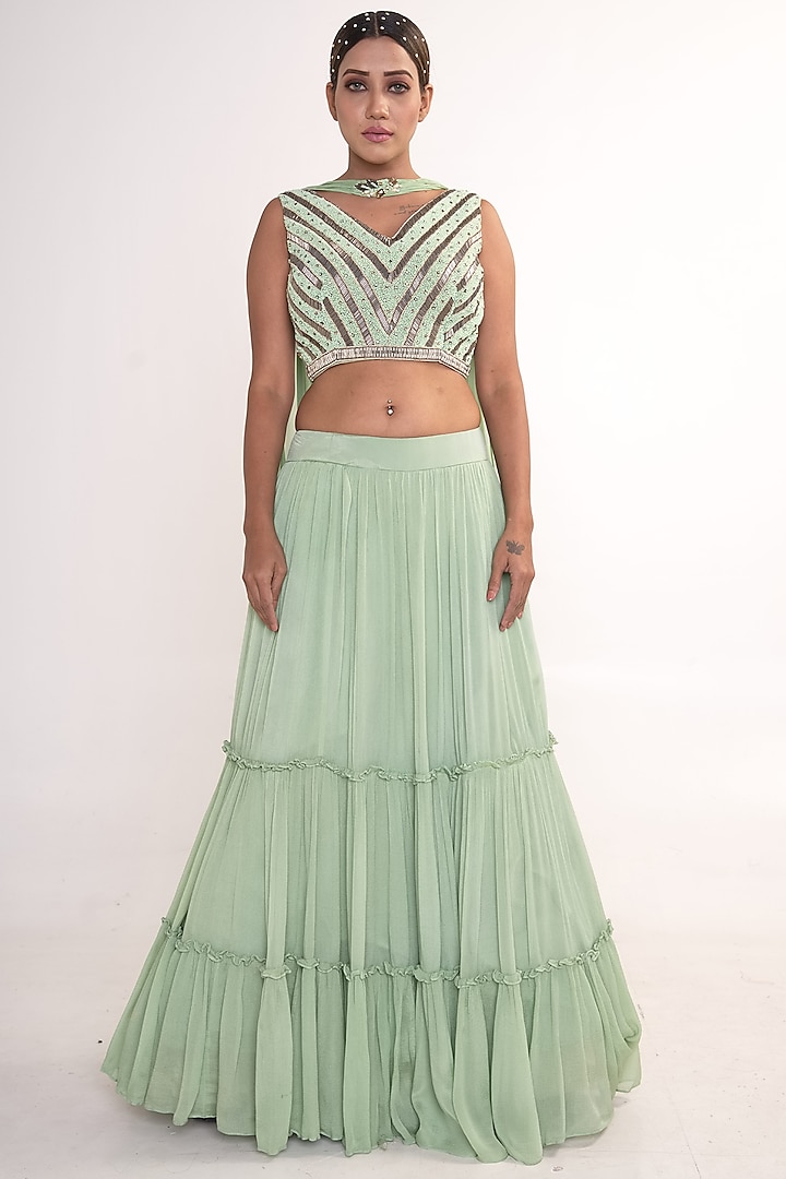 Lime Green Chiffon Tiered Wedding Lehenga Set by Merge Design at Pernia's Pop Up Shop