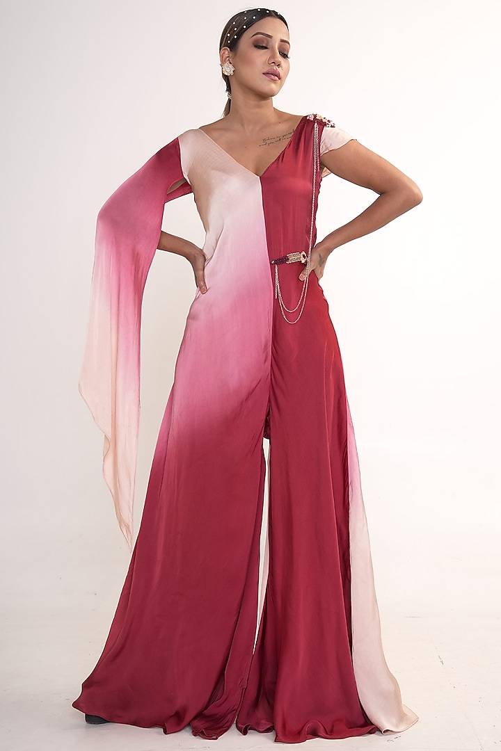 Maroon Ombre Modal Satin Jumpsuit by Merge Design