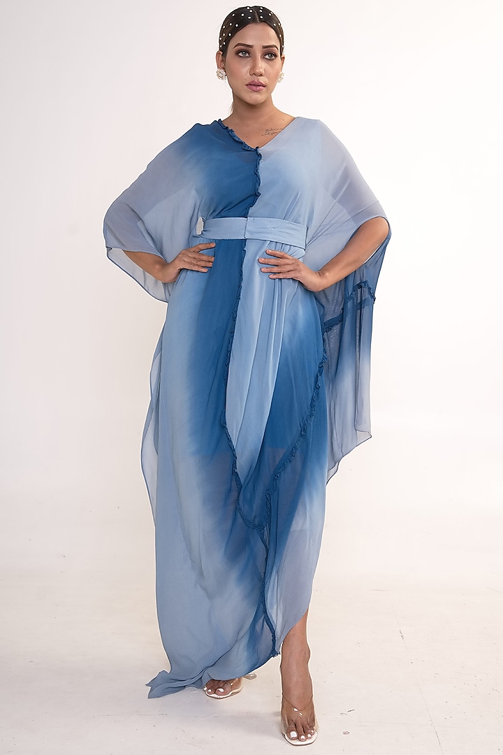 Indigo Blue Shaded Georgette Draped Kaftan by Merge Design