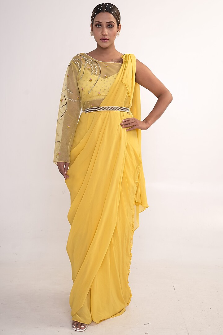 Yellow Georgette Pre-Draped Saree Set by Merge Design