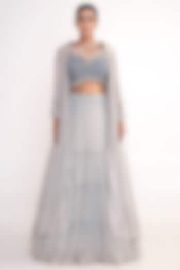 Powder Blue Chiffon Jacket Wedding Lehenga Set by Merge Design at Pernia's Pop Up Shop