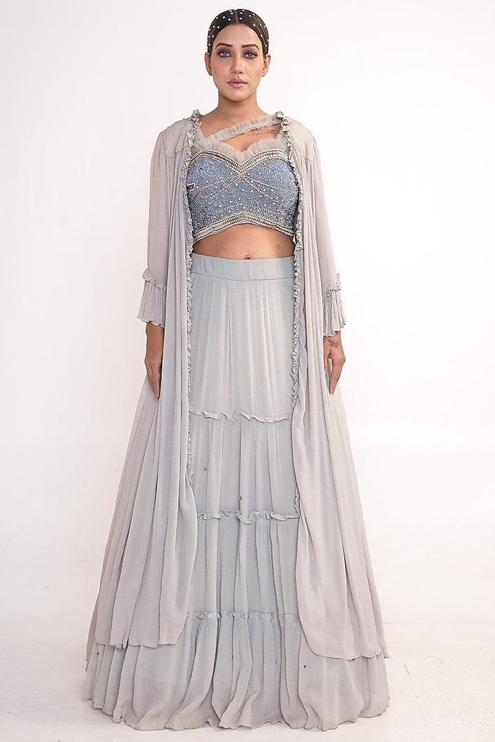 Powder Blue Chiffon Jacket Lehenga Set Design by Merge Design at Pernia ...