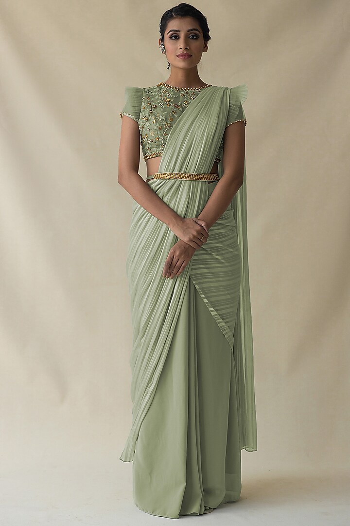 Pista Green Crepe Pre-Draped Saree Set by Merge Design