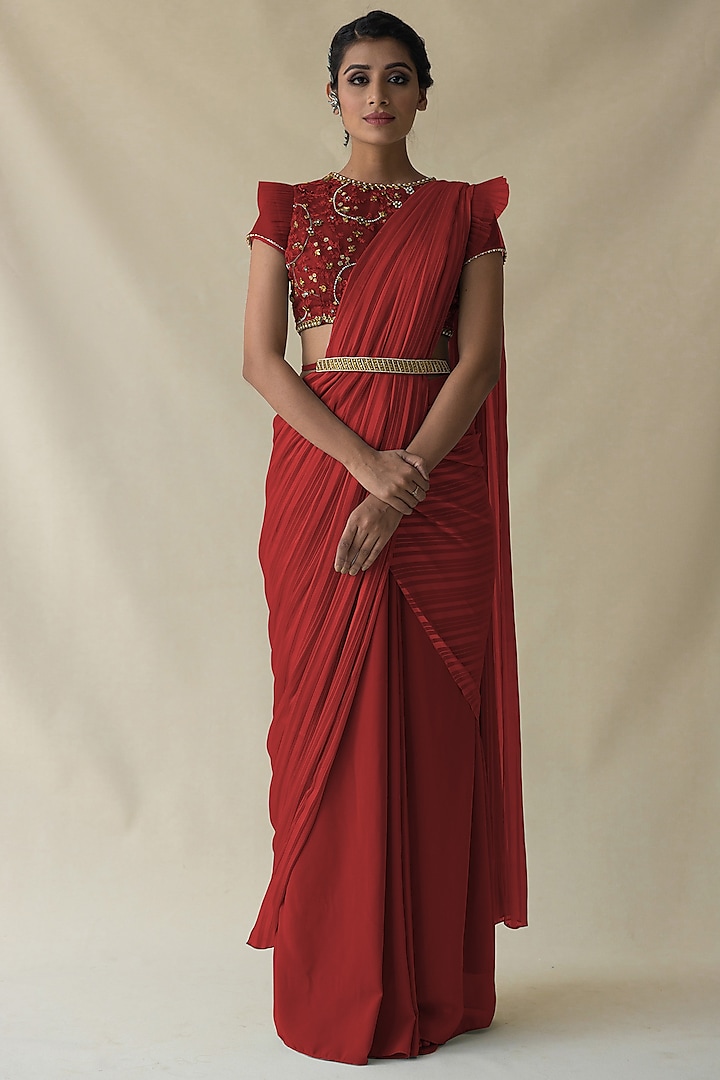 Red Crepe Pre-Draped Saree Set by Merge Design