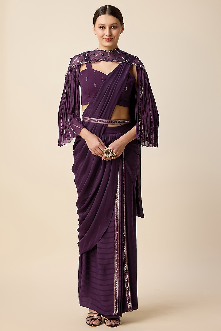 Wine Silk & Chiffon Pleated Pre-Stitched Saree Set by Merge Design