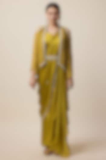 Mustard Georgette & Silk Draped Jacket Saree Set by Merge Design