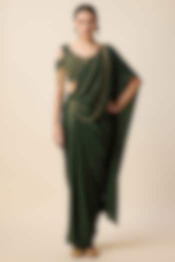 Bottle Green Silk Draped Saree Set by Merge Design