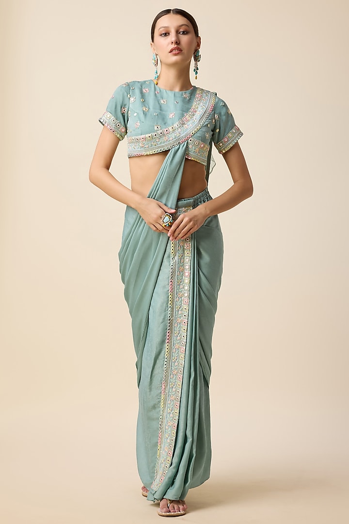 Aqua Blue Blended Silk Pre-Stitched Saree Set by Merge Design