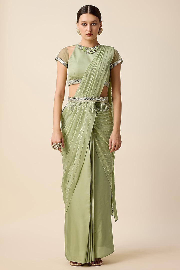 Pista Green Georgette Stone & Mirror Embroidered Pleated Pre-Stitched Saree Set. by Merge Design