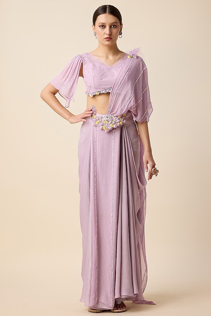 Lavender Silk & Georgette Draped Skirt Saree Set by Merge Design